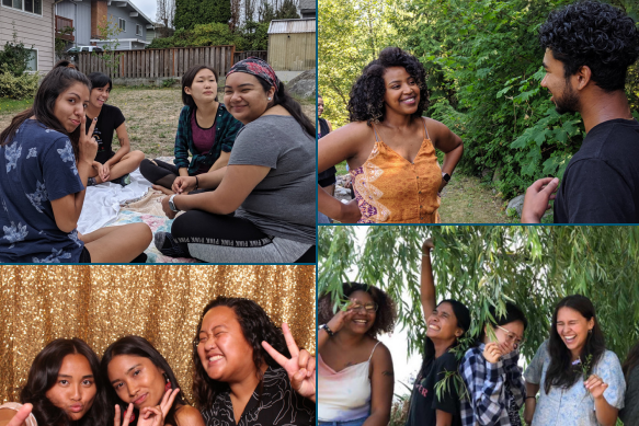 A digital collage of four photos featuring the Community Impact Fellows from a previous cohort. Clockwise, starting from upper left: four fellows are outside in a yard, two fellows talking in front of greenery, four fellows are laughing and dancing under a willow tree, and three fellows are flashing peace signs and posing in front of a sparkling gold backdrop.